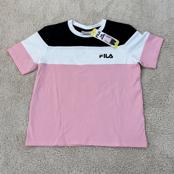Fila Womens Short Sleeve Crew Neck Jersey Tee Pink White Black Small - Picture 1 of 9